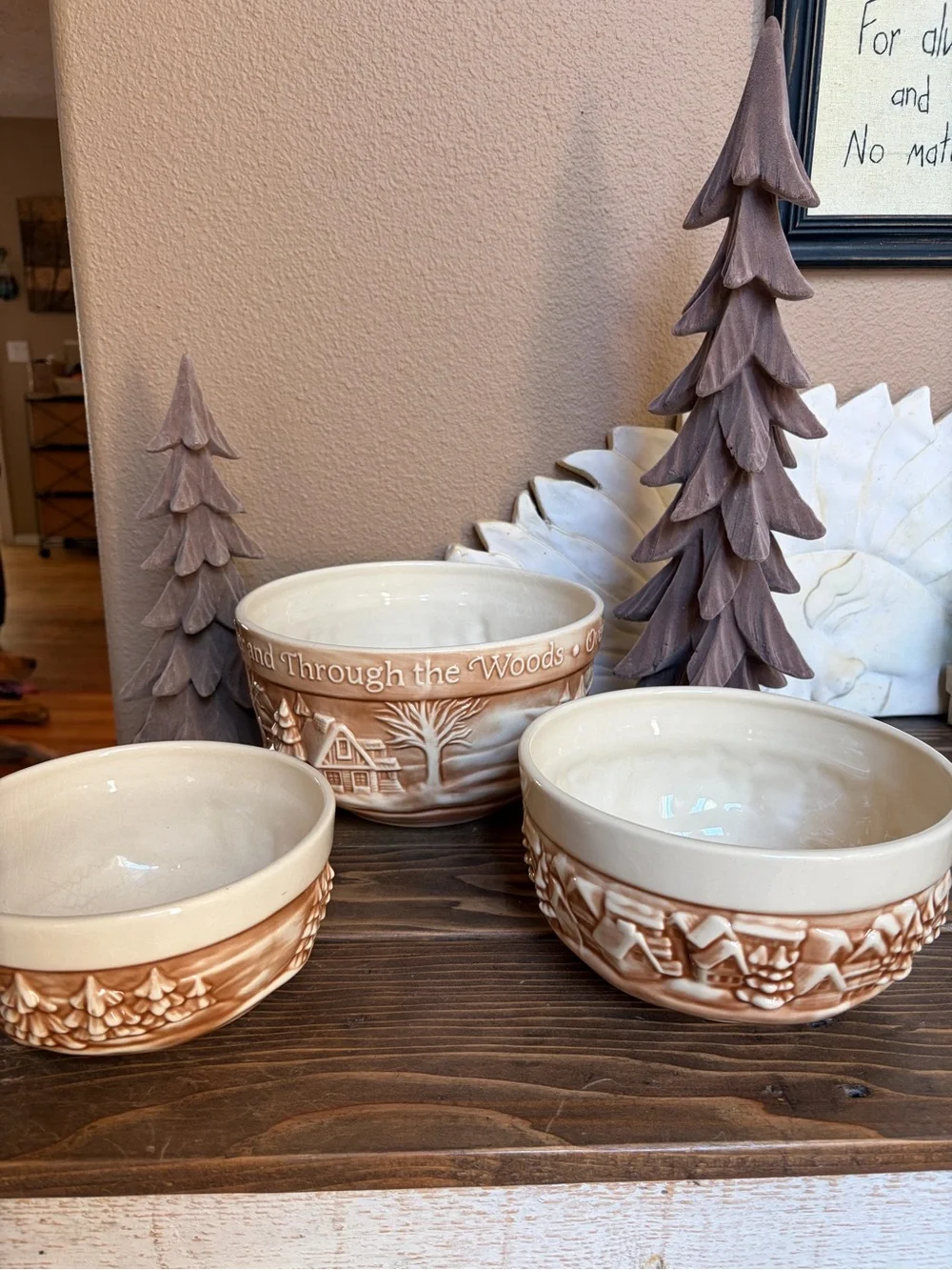 THT Designs Over The River Through Ceramic Bowls Set of 3 & Flocked Brown Trees